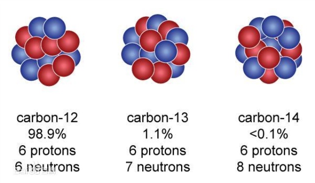（注：carbon：碳；protons：质子数（图中红色球代表）；neutrons：中子数（图中蓝色球代表））